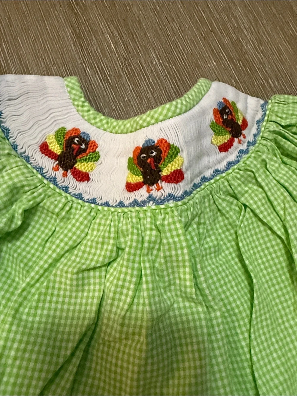 Smocked Green Gingham Kids Dress with Turkey Embroidery